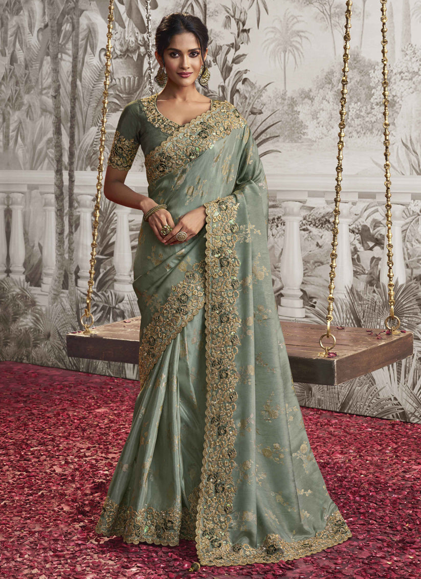 Mint Grey Viscose Jacquard Embroidered Designer Saree