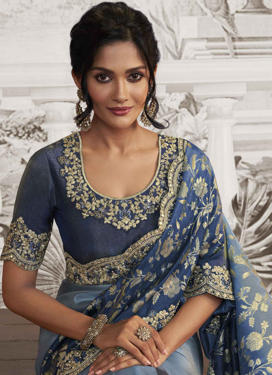 Steel Blue Viscose Jacquard Embroidered Designer Saree