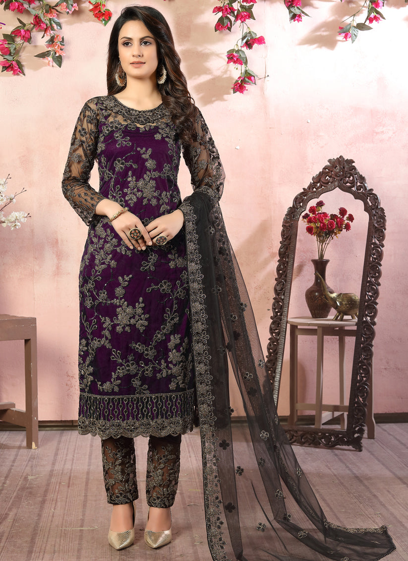 Sweet Eggplant Net Embroidered Designer Pant Kameez