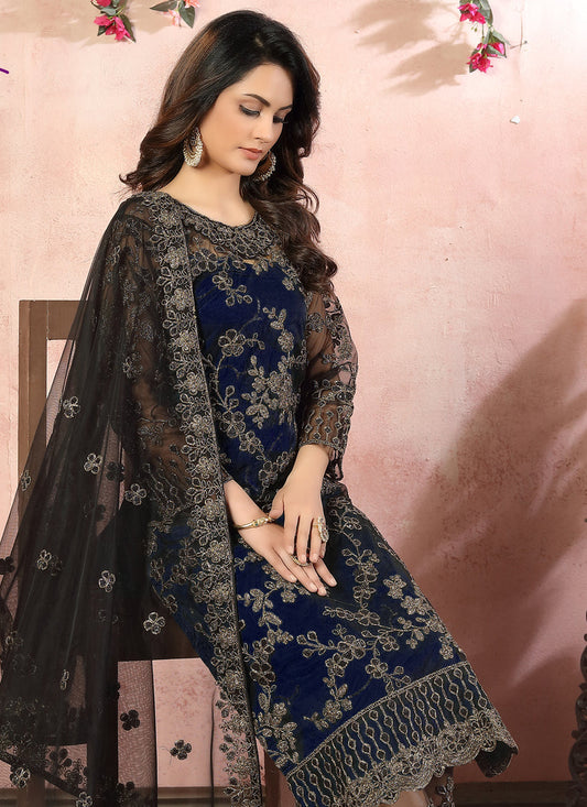 Dashing Midnight Blue Net Embroidered Designer Pant Kameez