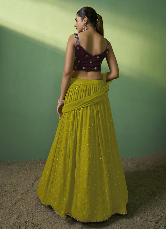 Lime Green Georgette Embroidered Lehenga Choli