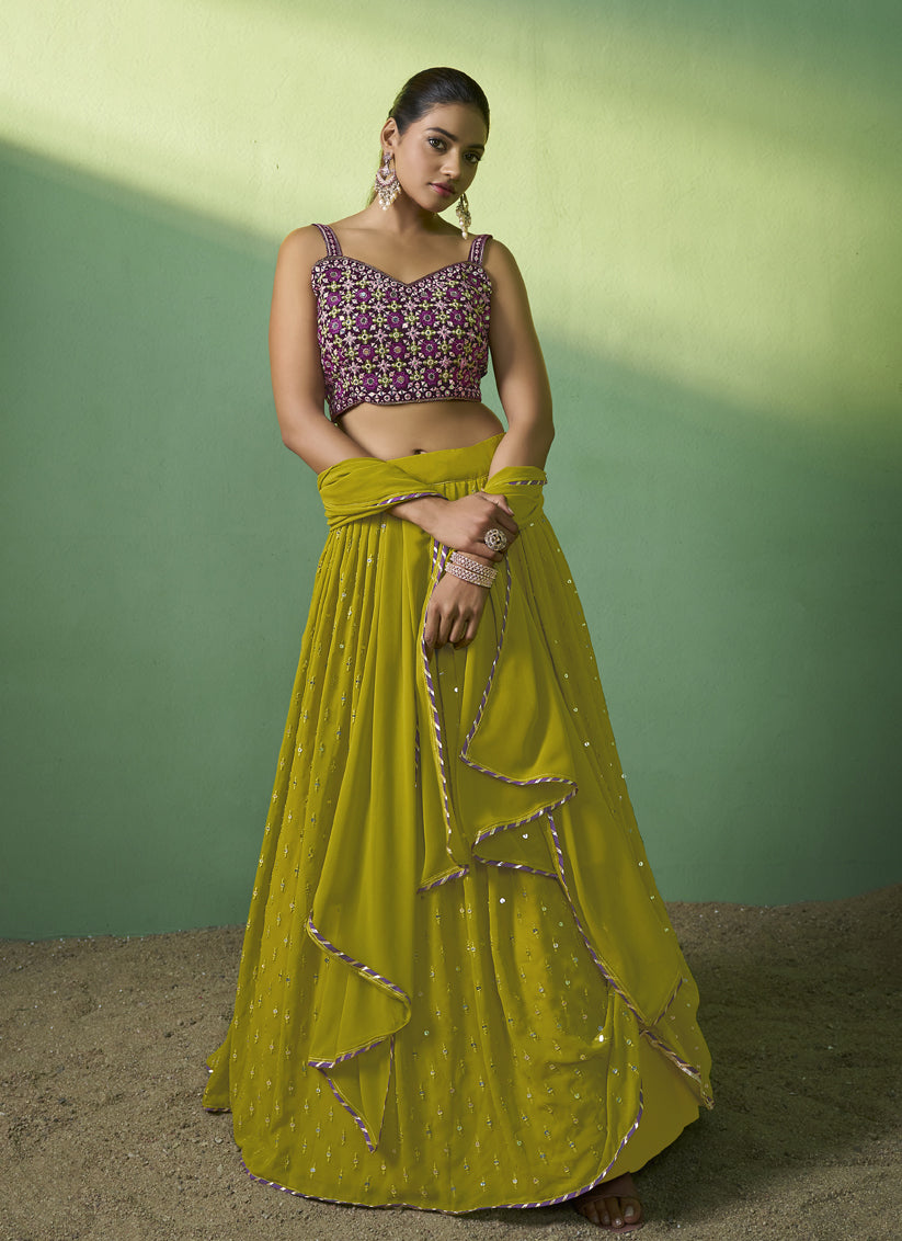 Lime Green Georgette Embroidered Lehenga Choli