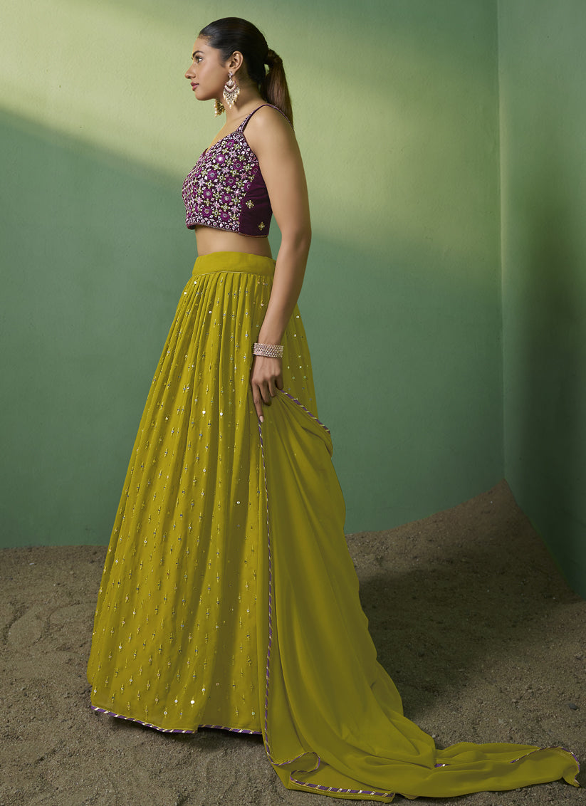 Lime Green Georgette Embroidered Lehenga Choli