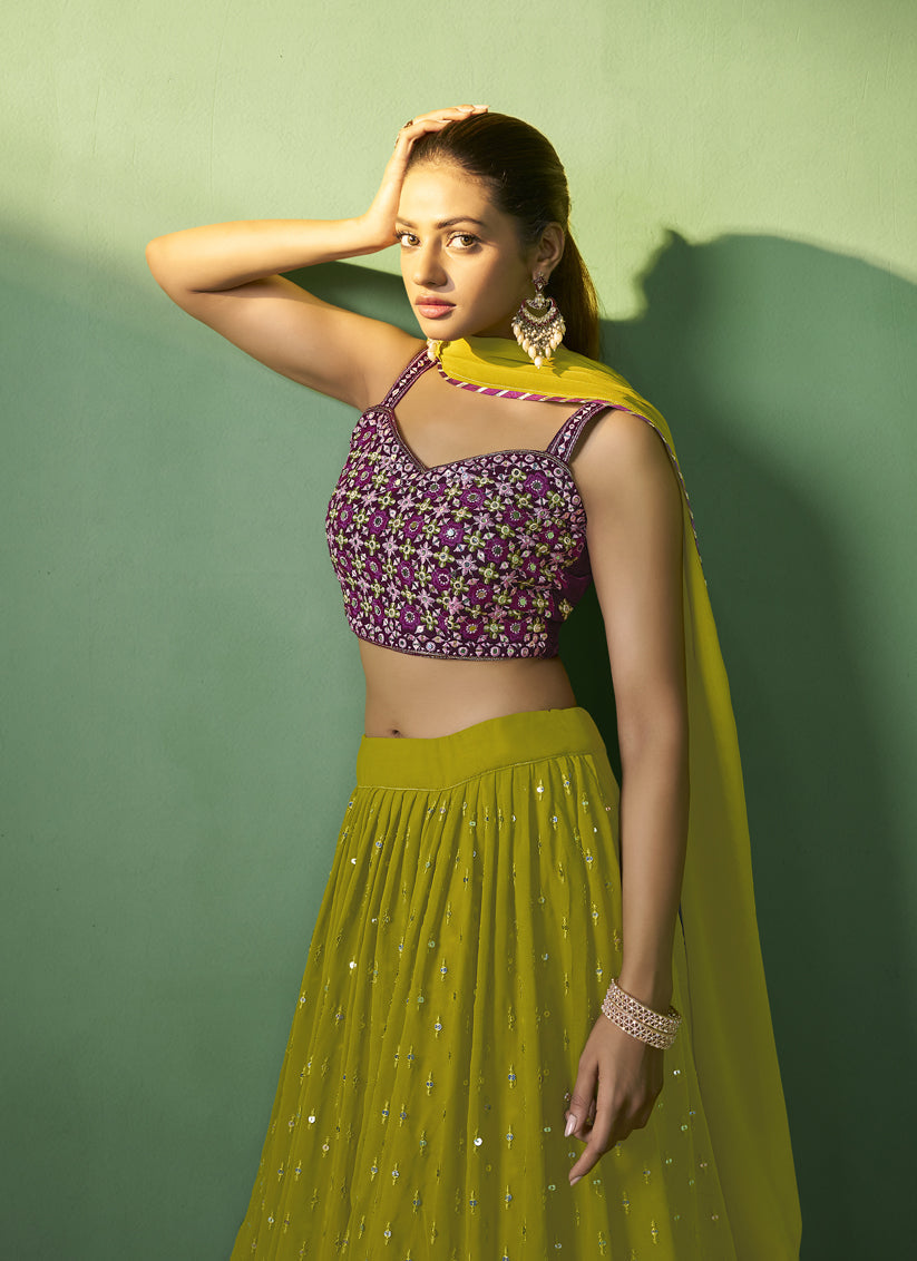 Lime Green Georgette Embroidered Lehenga Choli