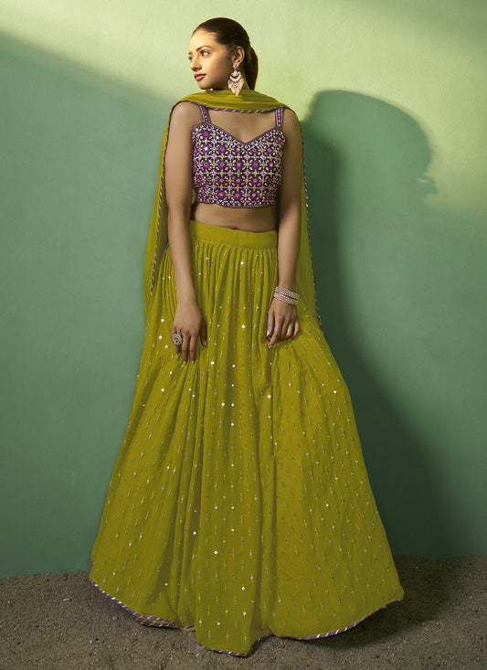 Lime Green Georgette Embroidered Lehenga Choli