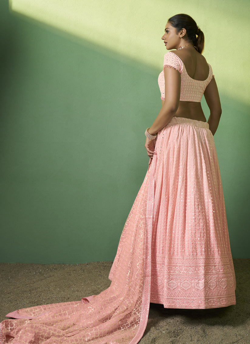 Coral Pink Georgette Embroidered Lehenga Choli