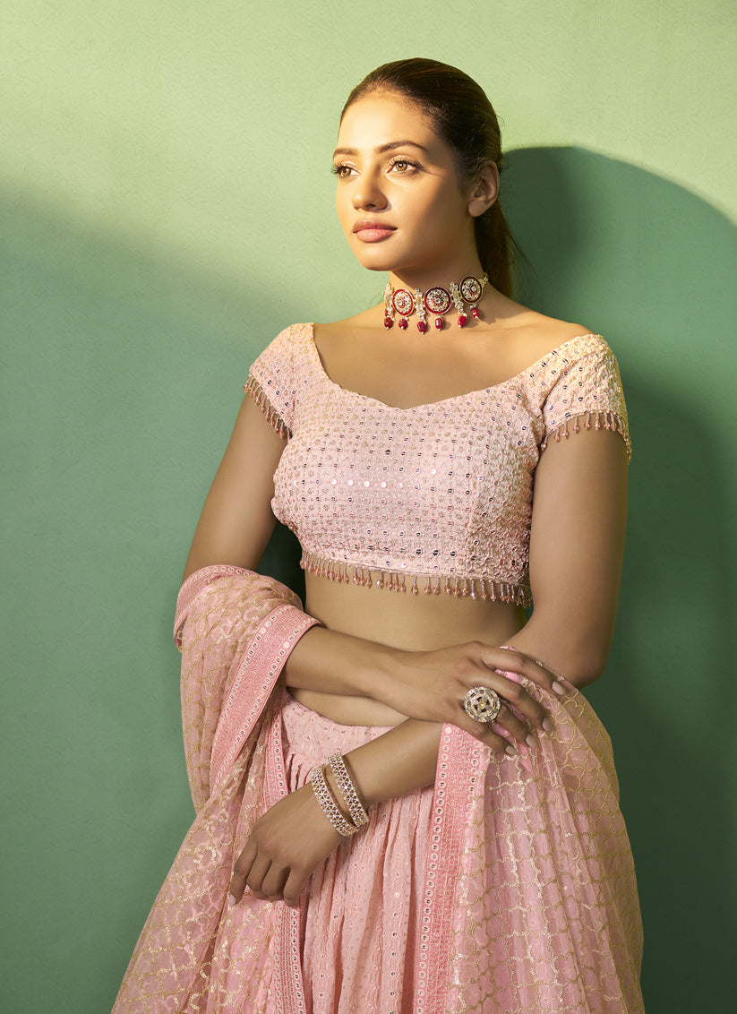 Coral Pink Georgette Embroidered Lehenga Choli
