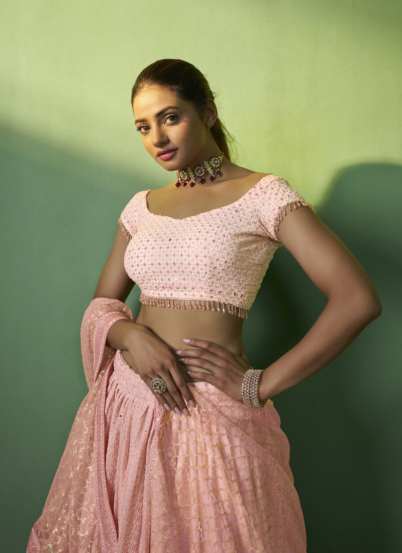 Coral Pink Georgette Embroidered Lehenga Choli