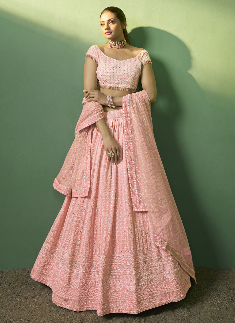 Coral Pink Georgette Embroidered Lehenga Choli