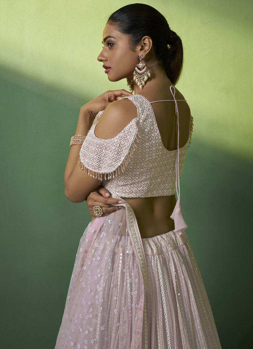 Lilac Pink Georgette Embroidered Lehenga Choli