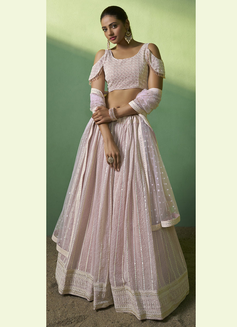 Lilac Pink Georgette Embroidered Lehenga Choli
