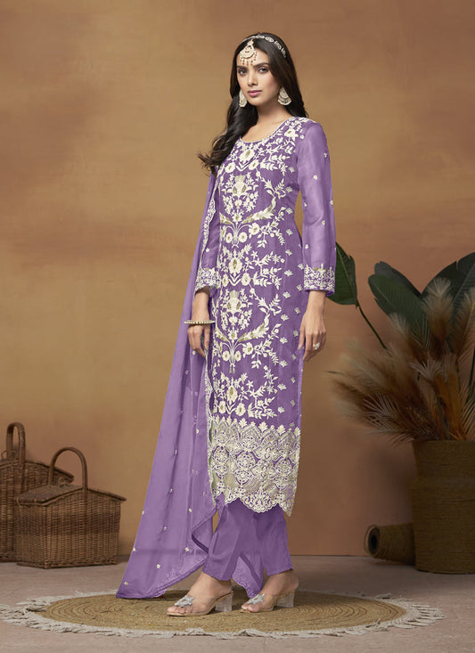 Purple Organza Embroidered Plus Size Suit