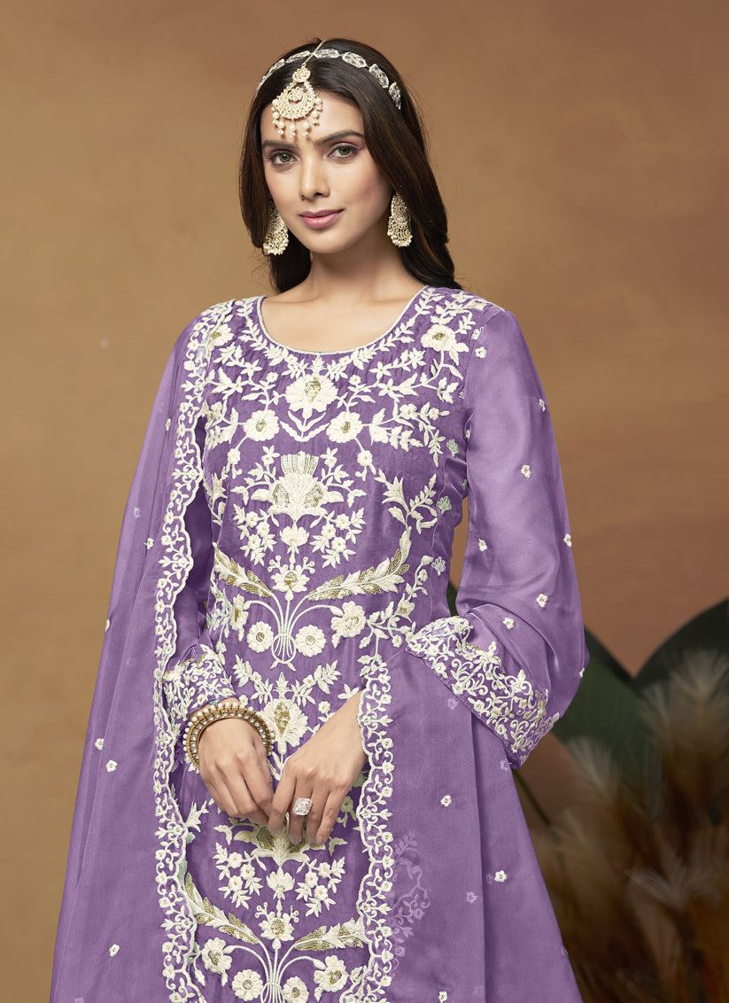 Purple Organza Embroidered Plus Size Suit