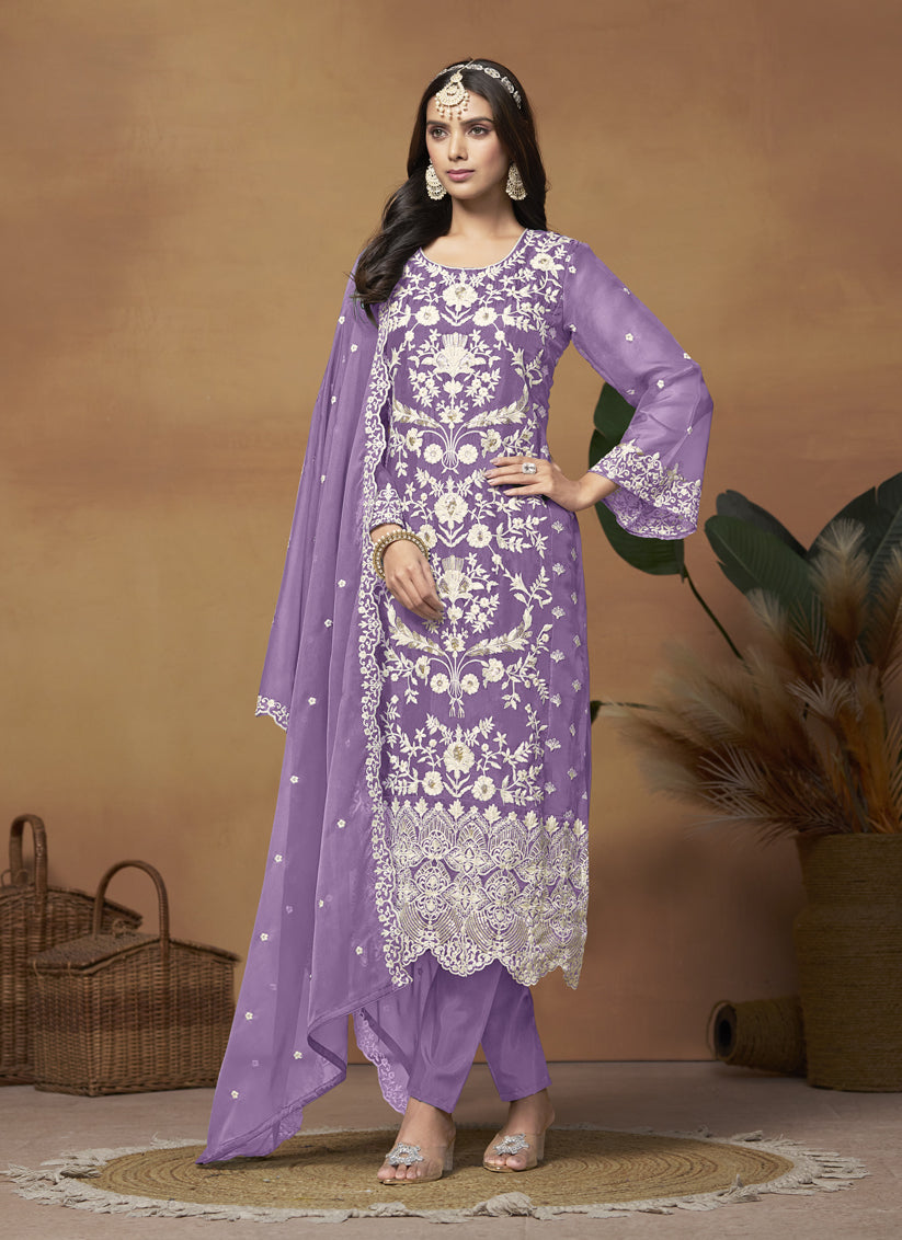 Purple Organza Embroidered Plus Size Suit