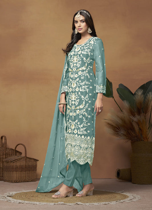 Teal Green Organza Embroidered Plus Size Suit