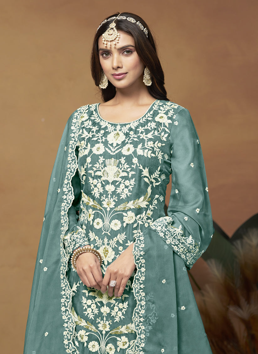 Teal Green Organza Embroidered Plus Size Suit