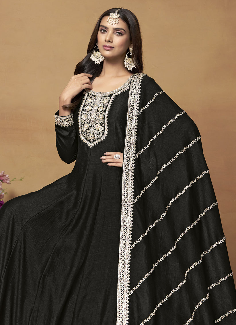 Black Art Silk Embroidered Designer Anarkali Suit