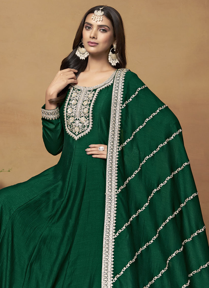 Green Art Silk Embroidered Designer Anarkali Suit