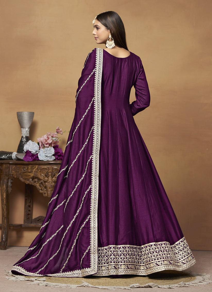 Wine Art Silk Embroidered Designer Anarkali Suit