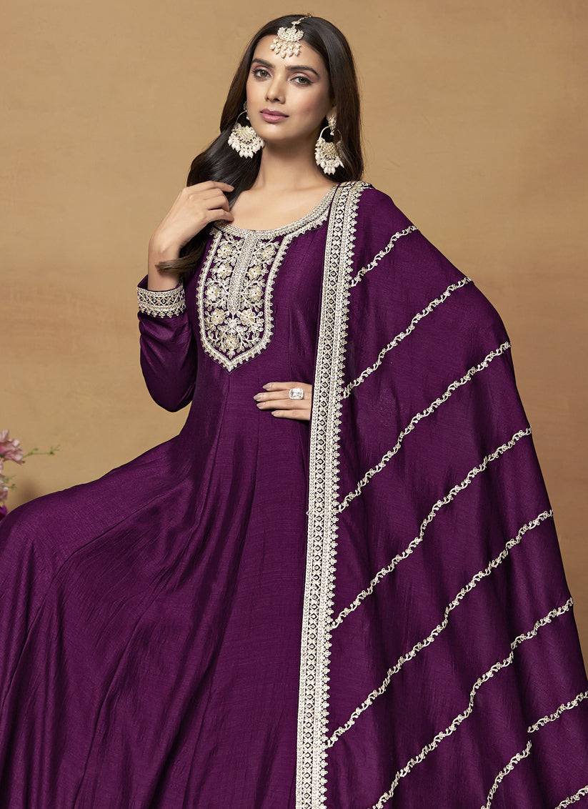 Wine Art Silk Embroidered Designer Anarkali Suit