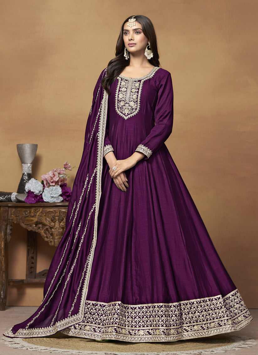 Wine Art Silk Embroidered Designer Anarkali Suit