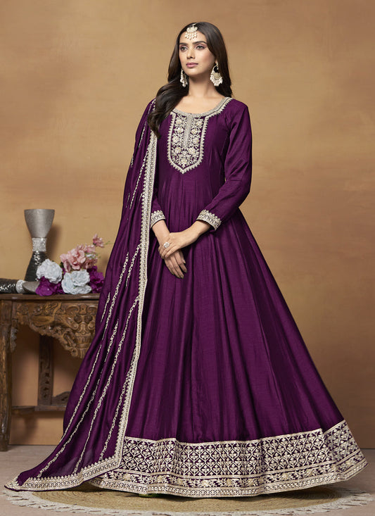 Wine Art Silk Embroidered Designer Anarkali Suit