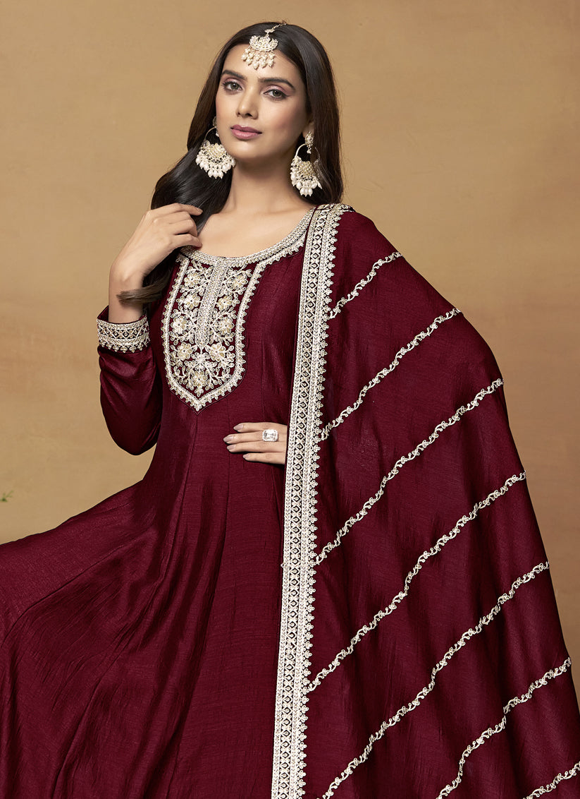 Maroon Art Silk Embroidered Designer Anarkali Suit