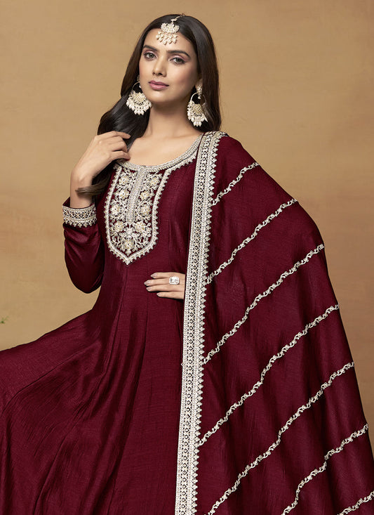 Maroon Art Silk Embroidered Designer Anarkali Suit