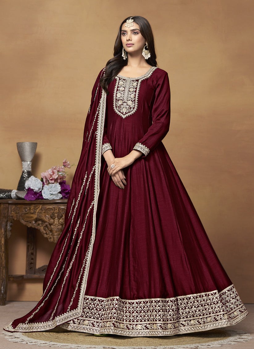 Maroon Art Silk Embroidered Designer Anarkali Suit