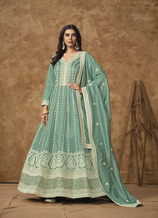 mint blue dola silk embroidered gown with dupatta
