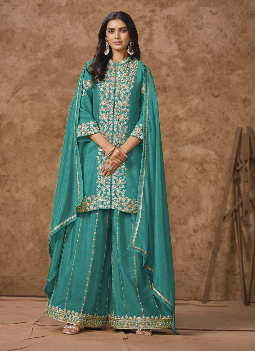 firozi chinnon silk embroidered palazzo kameez