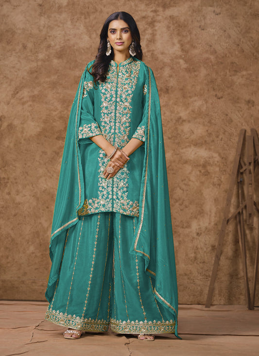 firozi chinnon silk embroidered palazzo kameez