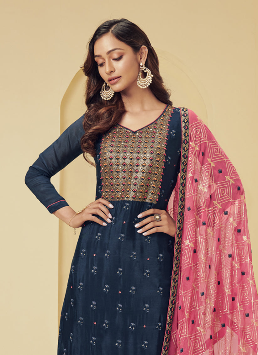 Midnight Blue Georgette Embroidered Pant Kameez Set