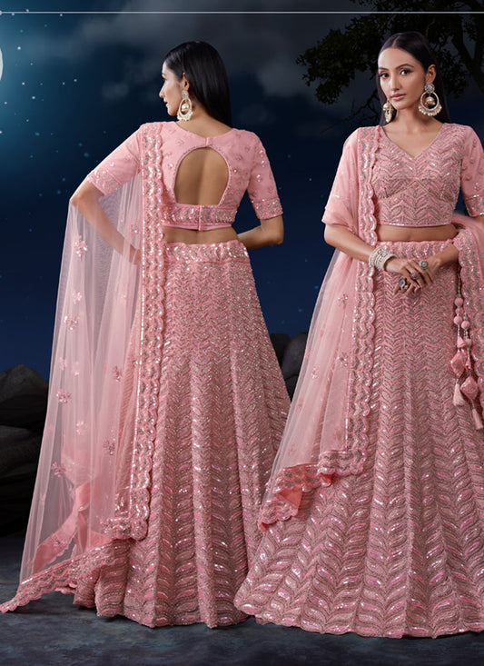 Blush Pink Net Heavy Sequins Embroidered Lehenga Choli Set