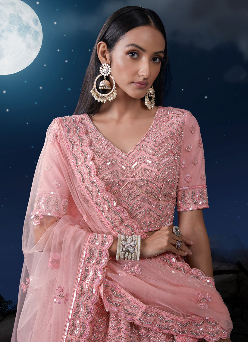 Blush Pink Net Heavy Sequins Embroidered Lehenga Choli Set