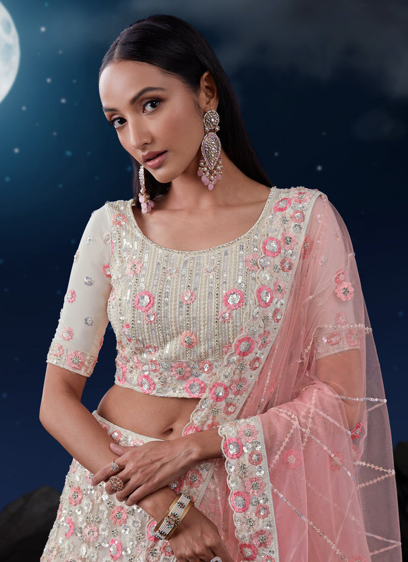 White Net Heavy Sequins Embroidered Lehenga Choli Set