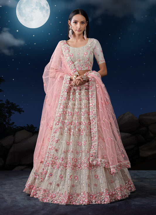 White Net Heavy Sequins Embroidered Lehenga Choli Set