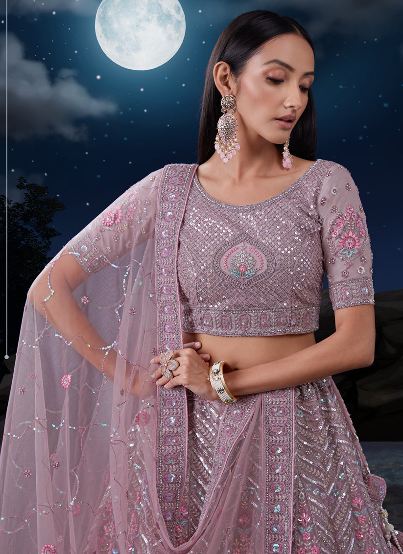 Mauve Net Heavy Sequins Embroidered Lehenga Choli Set
