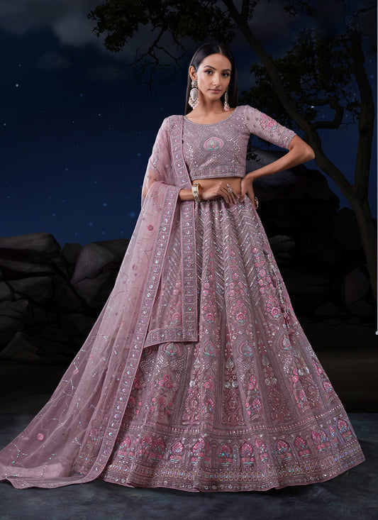 Mauve Net Heavy Sequins Embroidered Lehenga Choli Set