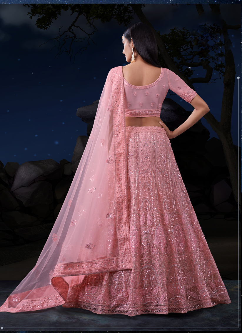 Coral Pink Net Heavy Sequins Embroidered Lehenga Choli Set