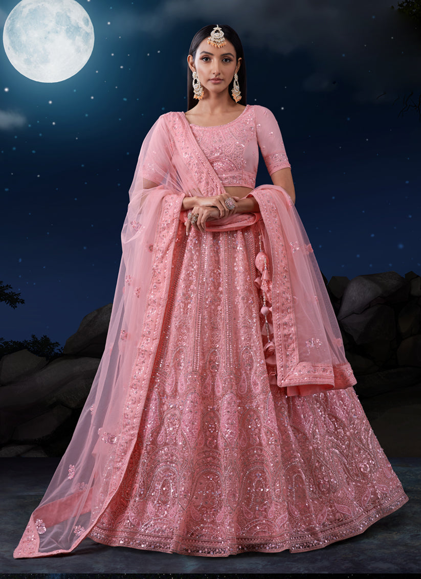 Coral Pink Net Heavy Sequins Embroidered Lehenga Choli Set