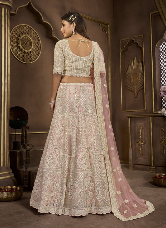 Peach Net Embroidered Designer Lehenga Choli Set