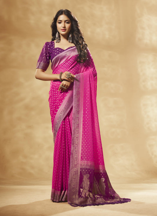 Pink Pure Georgette Woven Designer Saree