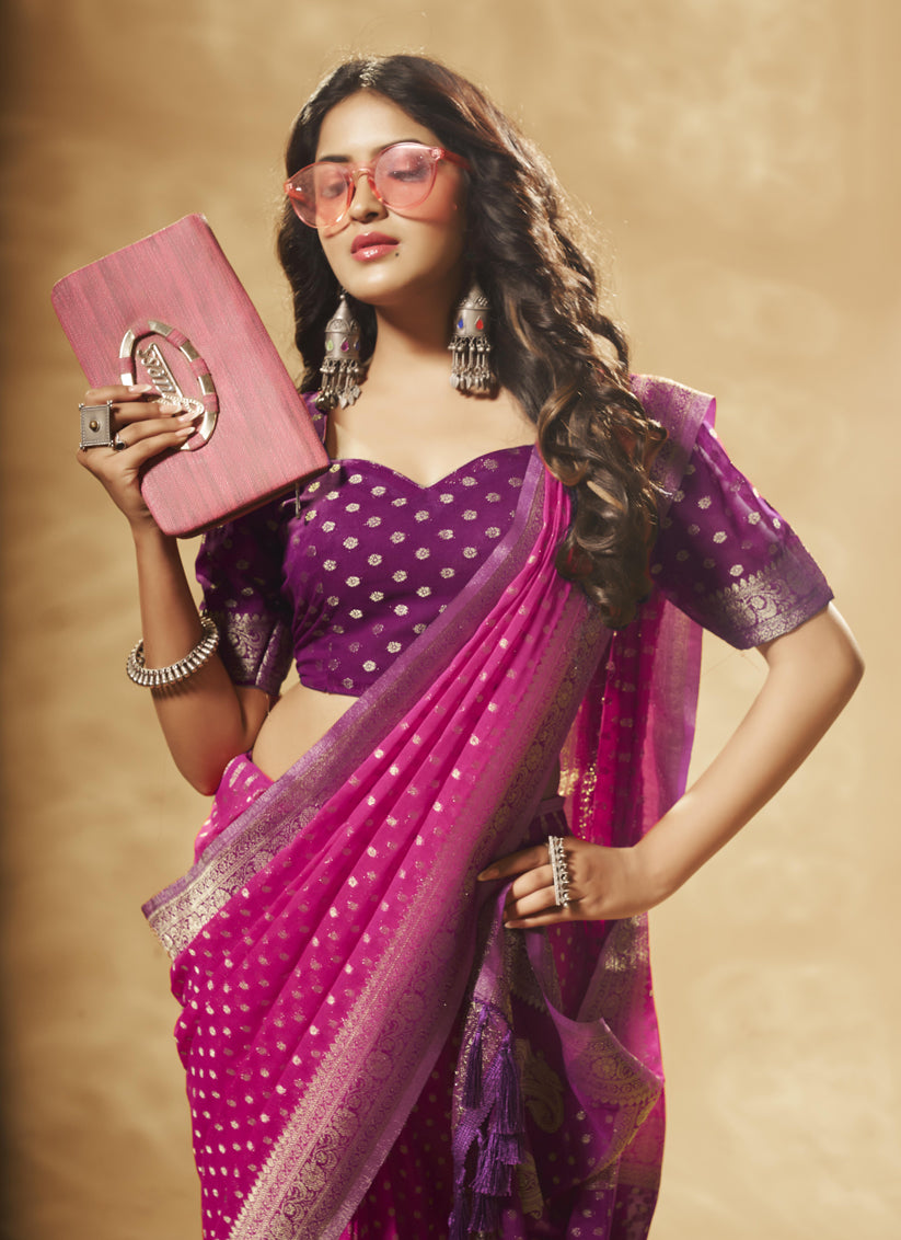 Pink Pure Georgette Woven Designer Saree