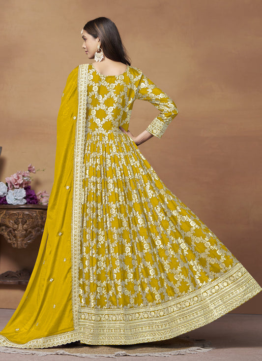 Mustard Dola Jacquard Embroidered Anarkali Suit