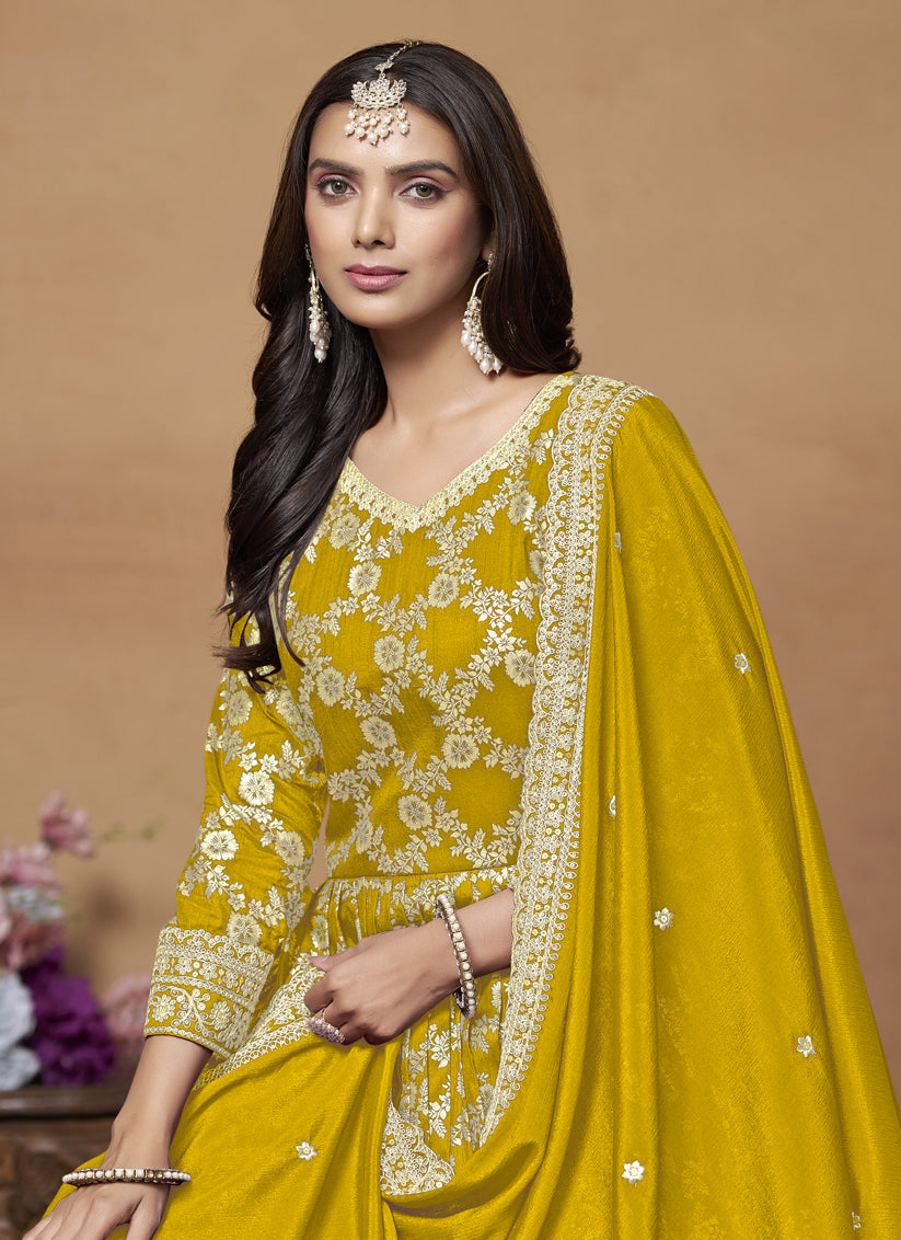 Mustard Dola Jacquard Embroidered Anarkali Suit