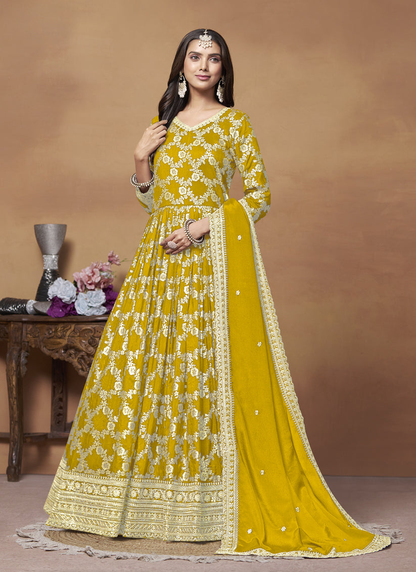 Mustard Dola Jacquard Embroidered Anarkali Suit