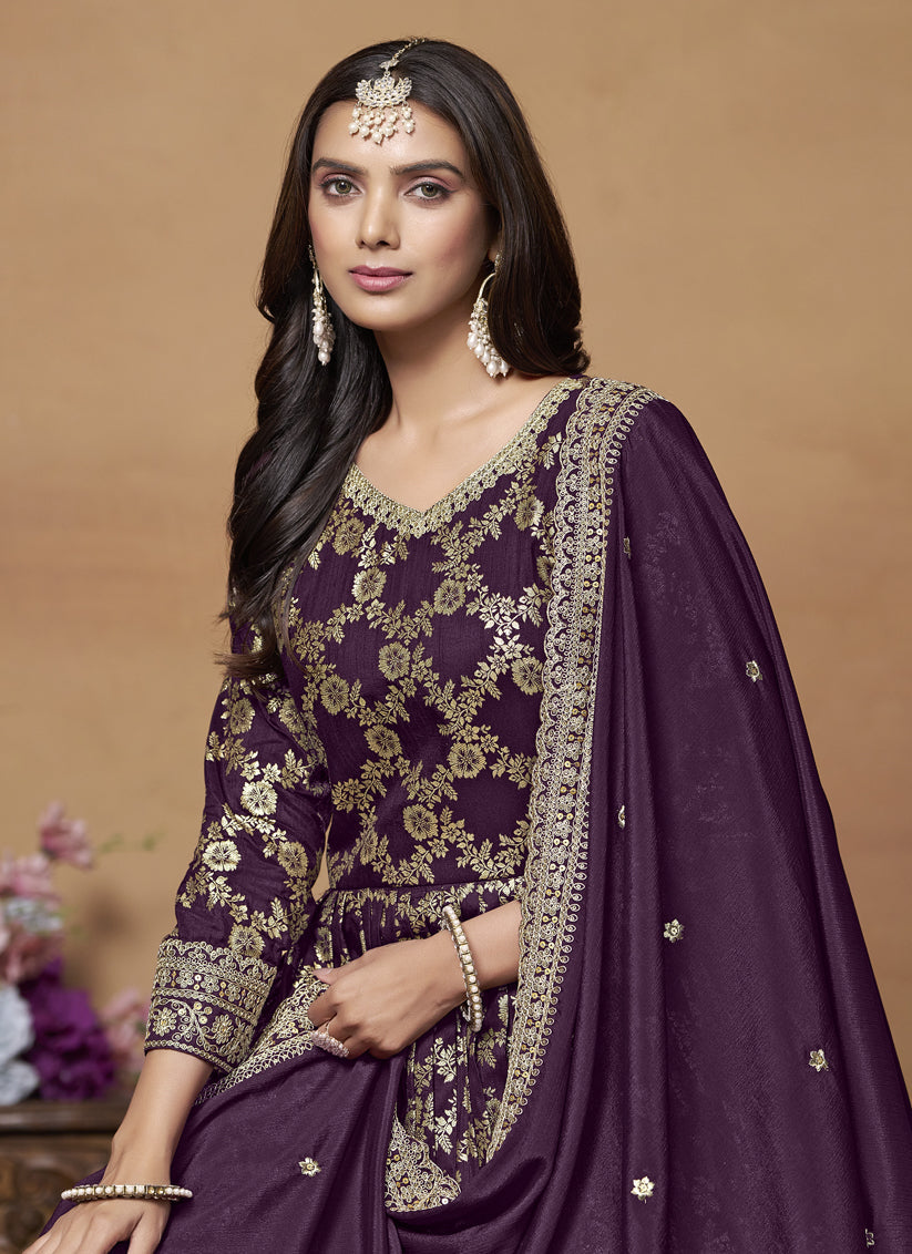 Burgundy Dola Jacquard Embroidered Anarkali Suit