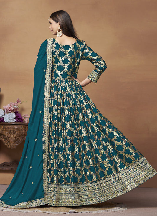 Prussian Blue Dola Jacquard Embroidered Anarkali Suit