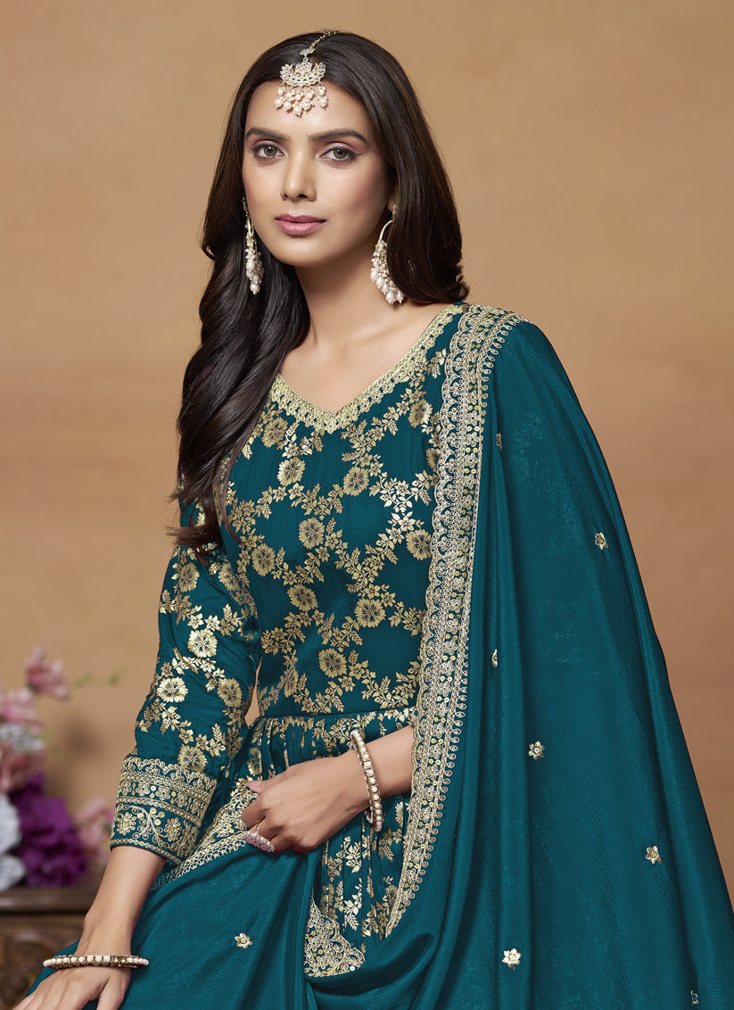 Prussian Blue Dola Jacquard Embroidered Anarkali Suit